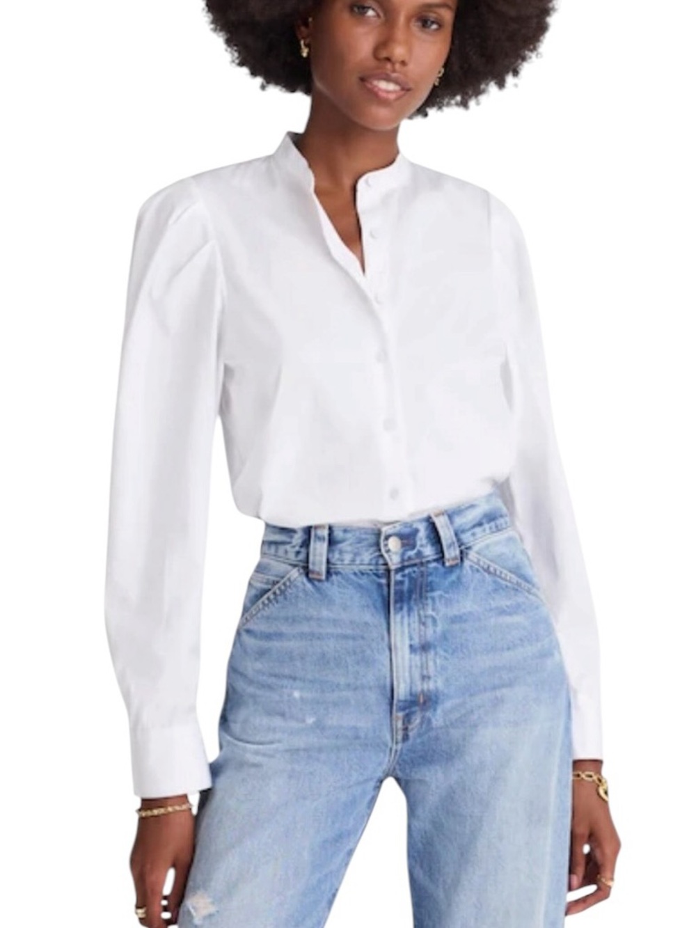NEW Madewell Puff-Sleeve Button-Up Shirt Crisp White‎ Cotton Size Large
